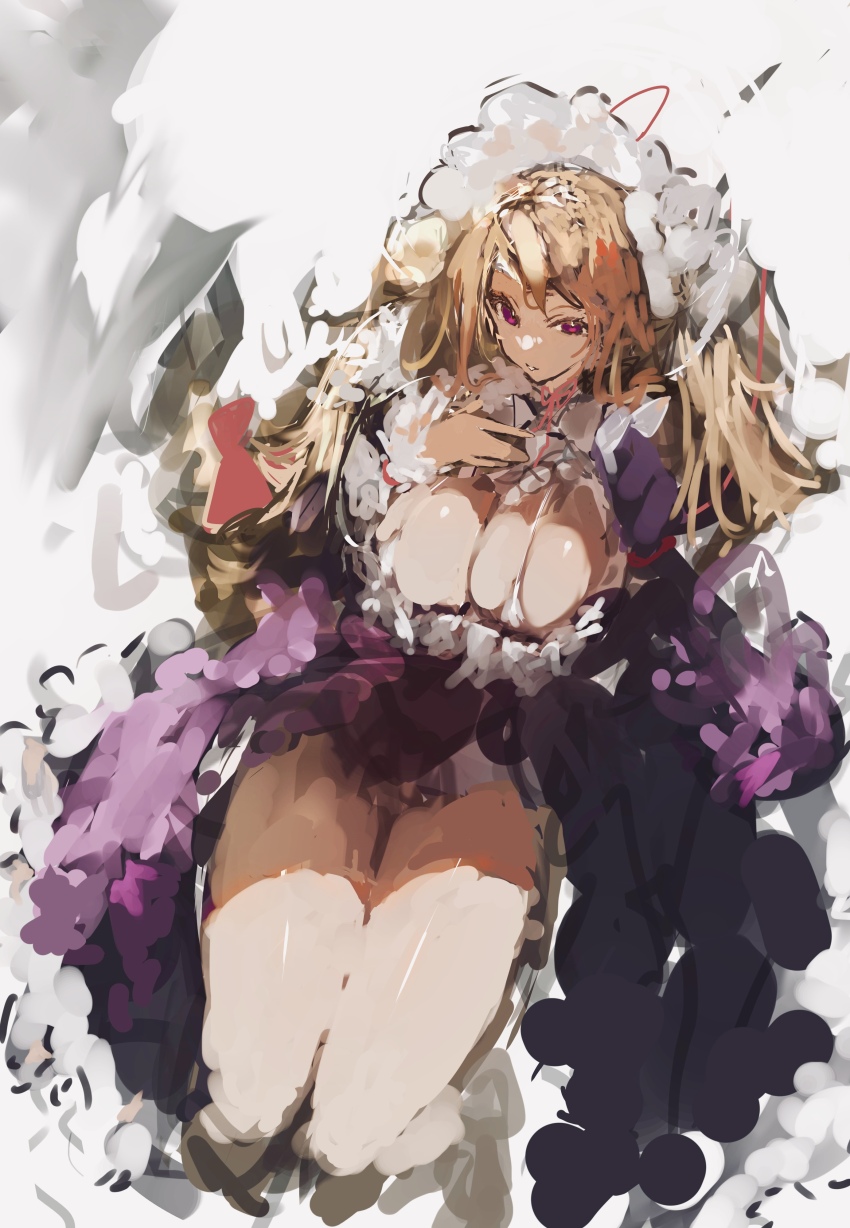 1girl absurdres blonde_hair bra breasts cleavage clothes_lift dress dress_lift frilled_hat frills hair_ribbon hat highres large_breasts long_hair mob_cap po_(anhk5528) purple_dress purple_eyes red_ribbon ribbon solo thick_thighs thighs touhou underwear very_long_hair white_bra white_hat yakumo_yukari