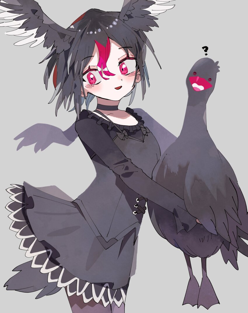 1girl absurdres animal bird bird_girl bird_tail bird_wings black_hair black_swan_(bird) black_swan_(kemono_friends) camisole choker feathered_wings grey_background head_wings highres kanmoku-san kemono_friends looking_at_viewer multicolored_hair pantyhose red_eyes shirt short_hair simple_background skirt swan tail wings