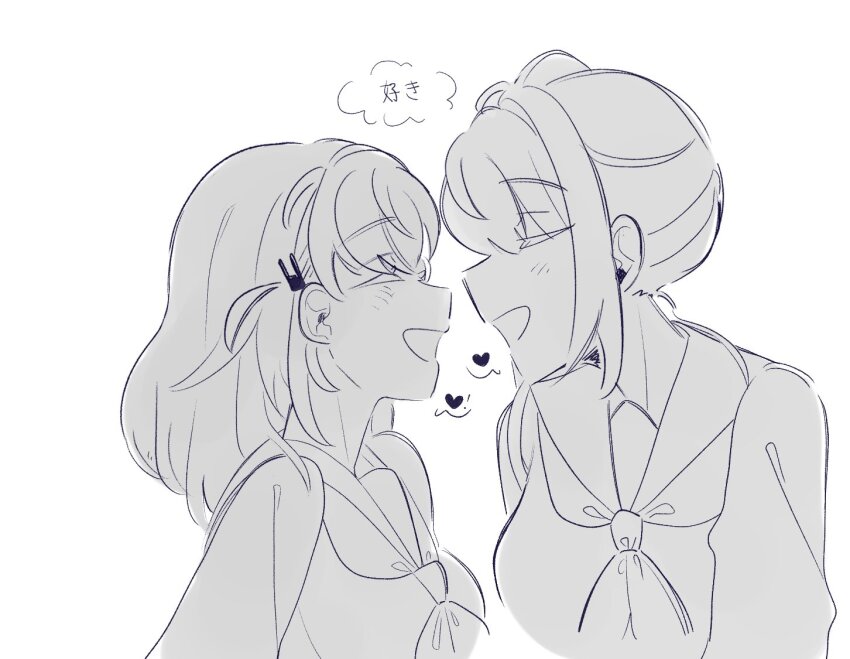 2girls baboomasu blush breasts cerise_bouquet commentary dress face-to-face greyscale grin hair_ornament hasu_no_sora_school_uniform heart hinoshita_kaho link!_like!_love_live! lone_nape_hair long_hair love_live! medium_breasts medium_hair monochrome multiple_girls neckerchief otomune_kozue rabbit_hair_ornament romaji_commentary sailor_collar sailor_dress school_uniform side_ponytail sidelocks simple_background smile speech_bubble spoken_heart translation_request two_side_up upper_body virtual_youtuber white_background winter_uniform yuri