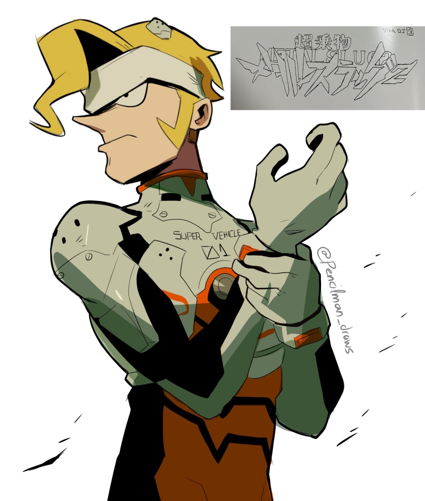 1boy adjusting_clothes blonde_hair bodysuit commentary frown headband highres interface_headset_(evangelion) male_focus marco_rossi mecha_pilot_suit metal_slug neon_genesis_evangelion parody pencilman_draws plugsuit_(evangelion) serious solo turtleneck turtleneck_bodysuit twitter_username upper_body white_headband