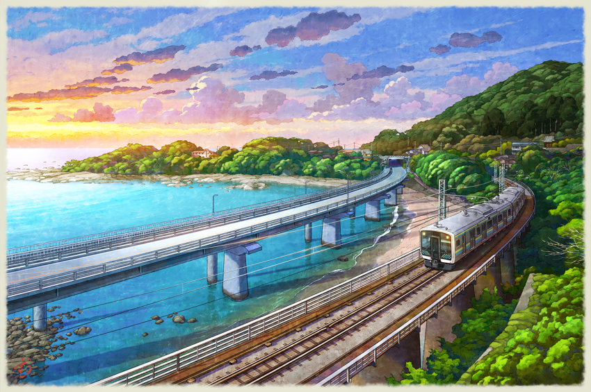 bridge cloud commentary_request east_japan_railway_company kamogawa_(chiba) lamppost mountain mugumo_24k multiple_unit_train no_humans ocean original outdoors overhead_line power_lines railroad_tracks real_world_location revision road rock scenery sunrise train water