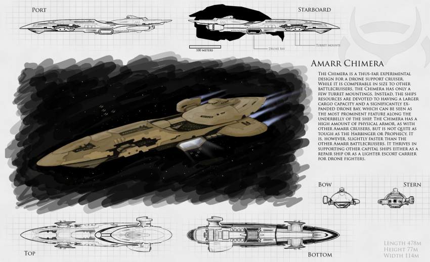 advanced_ship_(eve_online) amarr_empire_(eve_online) battlecruiser_(eve_online) carrier reference_sheet combat_ship_(eve_online) commentary concept_art droneboat_(eve_online) emblem english_text eve_online flying from_side glowing grid hangar highres military_vehicle multiple_views no_humans original outdoors prophecy_(eve_online) science_fiction space spacecraft star_(sky) tacticangel vehicle_focus