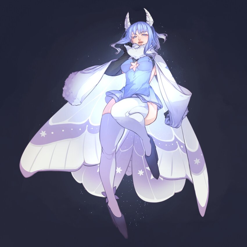 1girl absurdres black_footwear black_gloves blue_dress blue_eyes blue_hair breasts cape cleavage cleavage_cutout clothing_cutout dress fire_emblem fire_emblem_heroes full_body gloves high_heels highres horns iaurencin ice_horns looking_at_viewer medium_breasts medium_hair nifl_(fire_emblem) nintendo solo thighhighs white_cape white_thighhighs