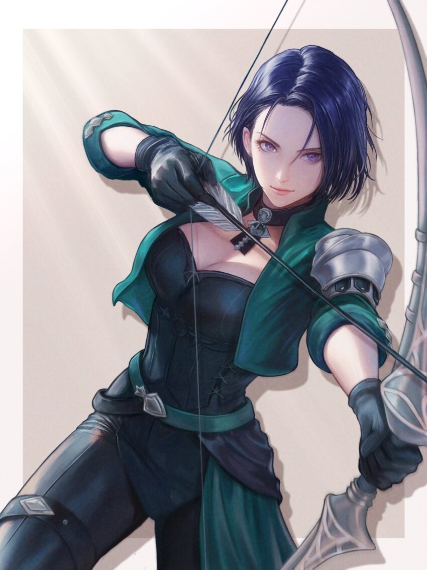 1girl aiming aqua_belt aqua_jacket armor arrow_(projectile) belt black_choker black_gloves black_pants black_shirt border bow_(weapon) breasts choker cleavage commentary_request cropped_jacket fire_emblem fire_emblem:_three_houses gloves grey_background highres holding holding_bow_(weapon) holding_weapon jacker jacket large_breasts lips looking_at_viewer mixed-language_commentary nintendo outside_border pants pauldrons pink_lips purple_eyes purple_hair shamir_nevrand shirt short_hair shoulder_armor simple_background single_pauldron solo weapon white_border wrainbow13