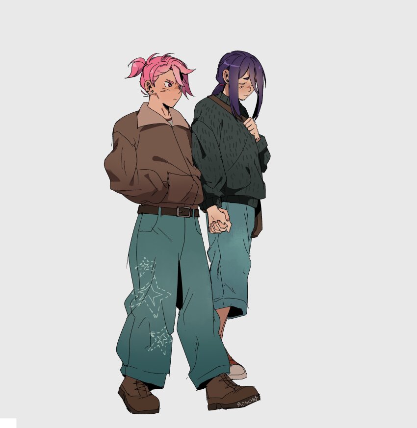 2girls absurdres alternate_costume bag baggy_pants belt belt_buckle black_hair blue_pants brown_jacket buckle casual closed_eyes closed_mouth commentary dandadan denim full_body grey_background hand_in_pocket high_ponytail highres holding_hands jacket jeans long_hair multiple_girls pants pink_hair ponytail ramoncito411267 shiratori_aira_(dandadan) short_hair shoulder_bag sidelocks three_quarter_view walking yukishiro_kouki yuri
