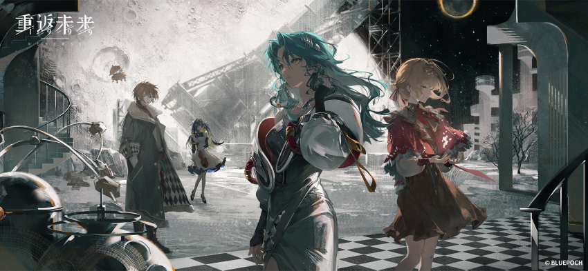 3girls apron backlighting bare_shoulders black_dress black_shoes black_sky blue_eyes blue_hair boots bow_(music) brown_boots brown_dress brown_hair checkered_floor cloak coat colored_inner_hair copyright_name copyright_notice cowboy_shot ding_(vessel) dress full_body green_eyes grey_coat hair_intakes han_zhang_(reverse:1999) hand_in_pocket hand_up highres hissabeth holding holding_bow_(music) holding_instrument holding_violin instrument jacket kiperina logo long_hair long_sleeves looking_ahead looking_at_viewer looking_to_the_side low_ponytail medium_dress multicolored_hair multiple_girls name_day_(reverse:1999) neckerchief newt official_art official_wallpaper pantyhose pencil_dress planet ponytail puffy_long_sleeves puffy_sleeves red_cloak red_neckerchief red_pupils reverse:1999 salamander school_uniform shoes short_dress short_hair silver_dress sky snake snake_on_head soviet_school_uniform spiral_staircase stairs star_(sky) starry_sky tower violin voyager_(reverse:1999) white_apron white_jacket white_pantyhose
