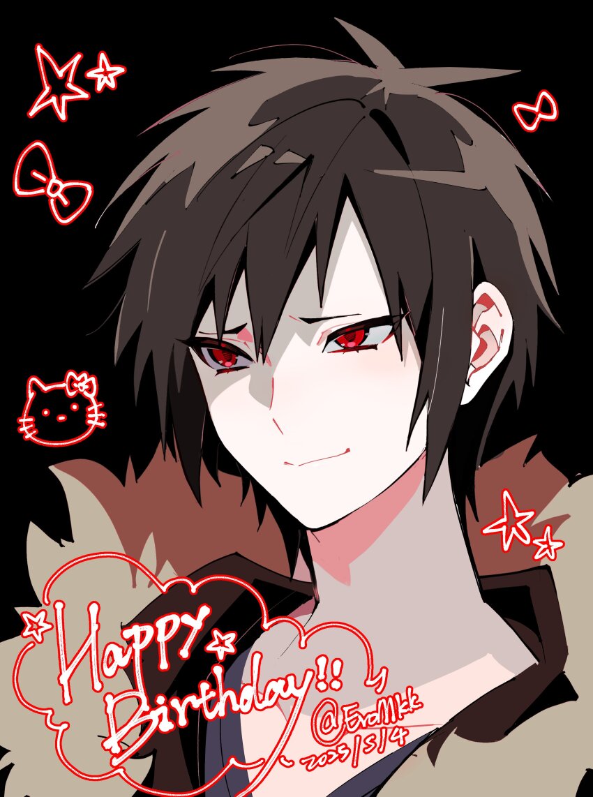1boy absurdres black_background black_shirt bow brown_fur closed_mouth durarara!! eromkk fur_trim hair_behind_ear happy_birthday hello_kitty hello_kitty_(character) highres looking_ahead male_focus orihara_izaya red_eyes sanrio shirt smile solo star_(symbol) twitter_username upper_body