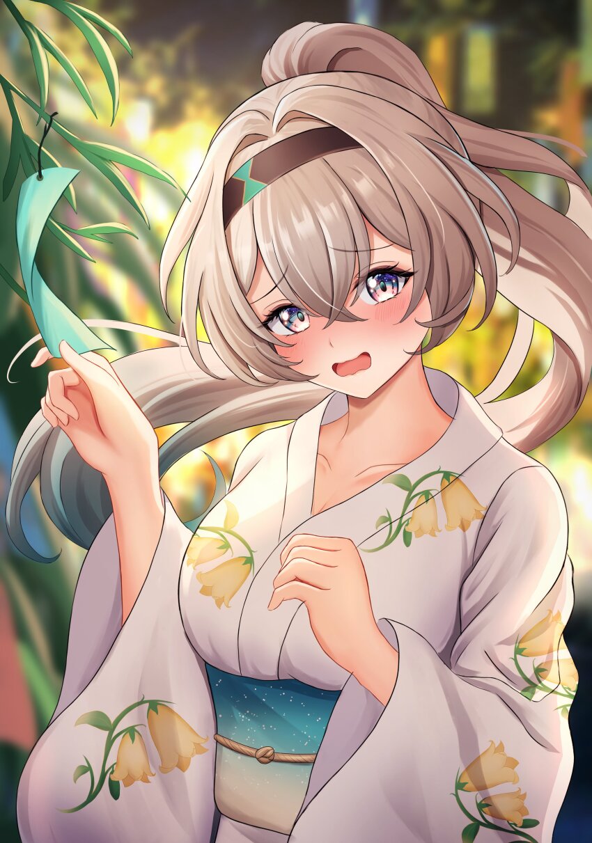 1girl absurdres black_hairband blush breasts firefly_(honkai:_star_rail) floral_print floral_print_kimono grey_hair hair_between_eyes hairband highres honkai:_star_rail honkai_(series) japanese_clothes kimono large_breasts long_hair looking_at_viewer multicolored_eyes open_mouth ponytail print_kimono shouhaku0512 smile tanabata tanzaku two-tone_eyes white_kimono