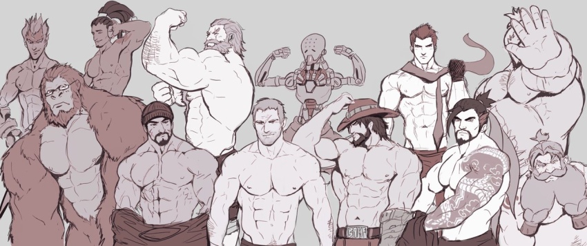 abs arm_hair arm_tattoo beard beard_over_mouth beard_stubble belly biceps broad_shoulders cassidy_(overwatch) cigarette clenched_hand connected_beard cowboy_hat dragon_tattoo dreadlocks facial_hair fat fat_man fiery_hair flexing genji_(overwatch) glasses goatee gorilla_boy hand_on_own_hat hanzo_(overwatch) hat iblokes junkrat_(overwatch) long_beard loose_necktie lucio_(overwatch) multiple_boys muscular muscular_male necktie nipples non-web_source overwatch overwatch_1 pectorals ponytail pushing_away reaper_(overwatch) reinhardt_(overwatch) roadhog_(overwatch) robot robot_boy scar scar_across_eye scar_on_face scars_all_over short_hair simple_background skull_cap smoking soldier:_76_(overwatch) spiked_hair stubble tattoo thick_beard too_many topknot topless_female topless_male torbjorn_(overwatch) very_long_beard winston_(overwatch) zenyatta_(overwatch)