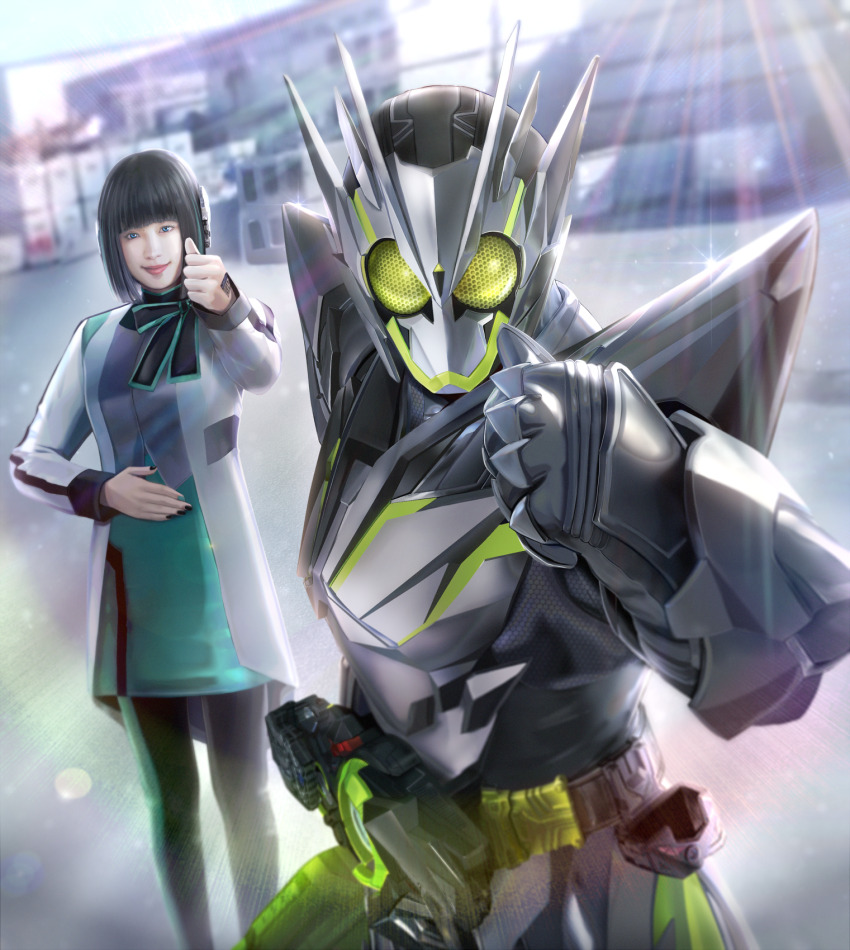 1boy 1girl android black_bow black_hair bob_cut bow chibi compound_eyes cowboy_shot dock green_eyes hand_up highres holding holding_sword holding_weapon humagear_headphones is_(kamen_rider_01) kamen_rider kamen_rider_01_(series) kamen_rider_zero-one looking_at_viewer masukudo_(hamamoto_hikaru) metalcluster_hopper nail_polish pantyhose photo-referenced progrise_hopper_blade realistic robot_ears simple_background skirt sword thumbs_up tokusatsu weapon