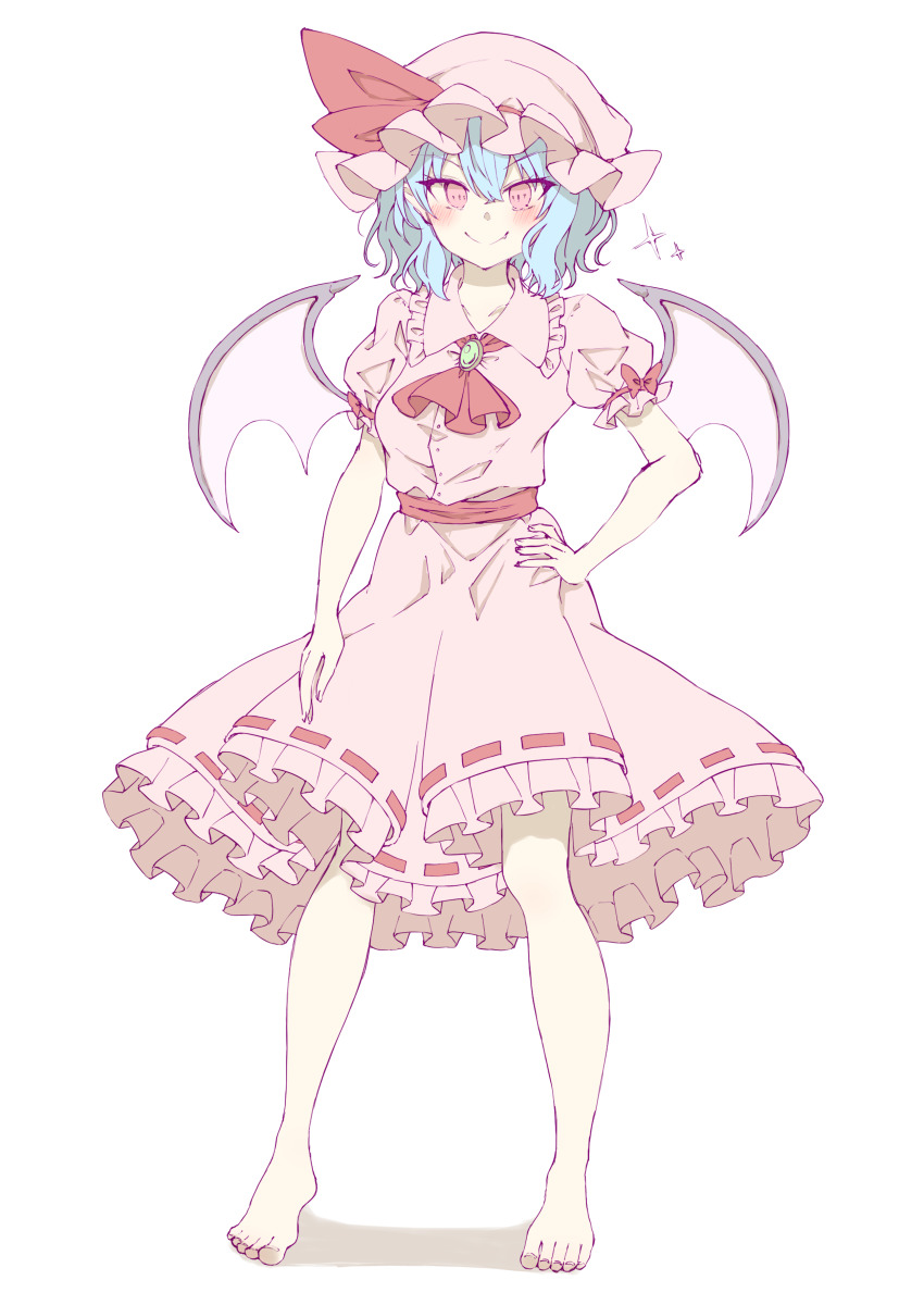 &gt;:) 1girl absurdres arm_at_side ascot barefoot bat_wings blue_hair blush bow c: closed_mouth commentary_request crossed_bangs eyes_visible_through_hair fang frilled_shirt_collar frilled_skirt frills full_body gem green_gemstone hair_between_eyes hand_on_own_hip hat hat_bow high-waist_skirt highres looking_at_viewer medium_hair mob_cap pink_hat pink_shirt pink_skirt puffy_short_sleeves puffy_sleeves red_ascot red_bow red_eyes remilia_scarlet ribbon-trimmed_skirt ribbon_trim seika_okawari shirt short_sleeves simple_background skirt sleeve_bow smile smug solo sparkle split_mouth standing toenails toes touhou tsurime v-shaped_eyebrows wavy_hair white_background wings