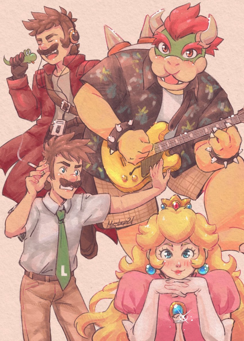 1girl 3boys annoyed blonde_hair blue_eyes bowser brown_eyes brown_hair chris_pratt cigarette claws cosplay dress earphones earrings facial_hair film gloves grin guitar highres horns instrument jewelry long_hair looking_at_viewer luigi mario mario_(series) multiple_boys music mustache mystar21 nintendo peter_quill peter_quill_(cosplay) pink_dress princess_peach red_hair singing smile smoking standing super_mario_bros._1 the_super_mario_bros._movie