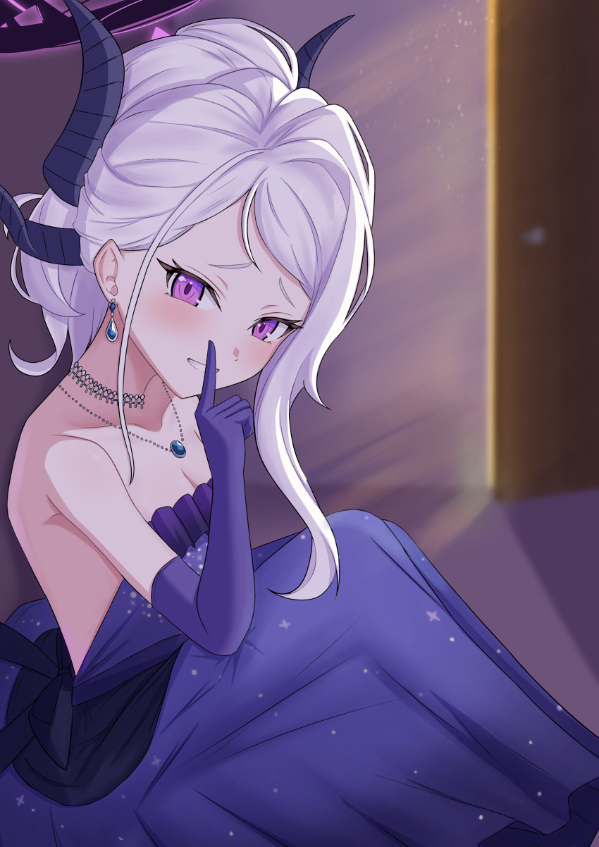 1girl absurdres black_halo blue_archive blush breasts demon_girl demon_horns demon_wings dress earrings gloves halo highres hina_(blue_archive) hina_(dress)_(blue_archive) horns indoors jewelry looking_at_viewer necklace pendant purple_dress purple_gloves sitting small_breasts solo tbbrian_1 white_hair wings