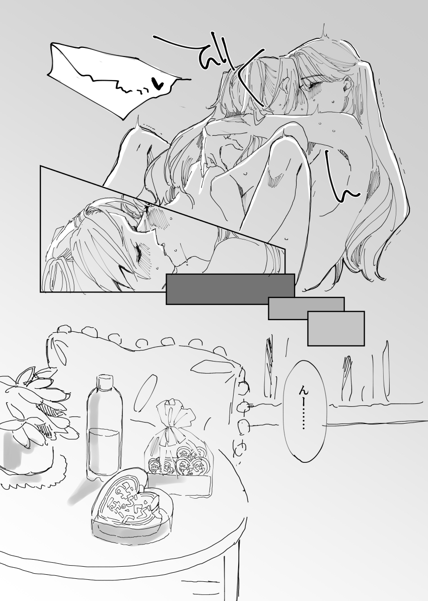 2girls absurdres arms_around_neck between_legs blush bottle box closed_eyes commentary_request completely_nude fingering french_kiss fujishima_megumi greyscale heart-shaped_box highres kiss link!_like!_love_live! long_hair love_live! monochrome multiple_girls nude osawa_rurino plant potted_plant shin_(shnnnnrn1) speech_bubble translation_request two_side_up water_bottle yuri