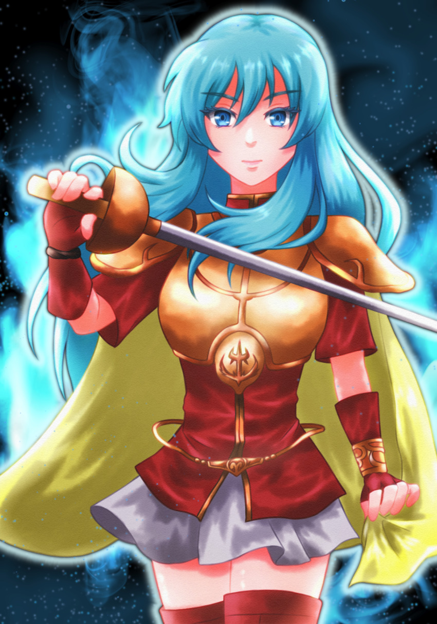 1girl armor blue_eyes blue_hair boots breastplate cape eirika_(fire_emblem) fingerless_gloves fire_emblem fire_emblem:_the_sacred_stones gloves glowing highres holding holding_sword holding_weapon long_hair looking_at_viewer miniskirt nintendo rapier shoulder_armor skirt smile solo star_(sky) starry_sky_background sword thigh_boots thighhighs wai_power weapon zettai_ryouiki
