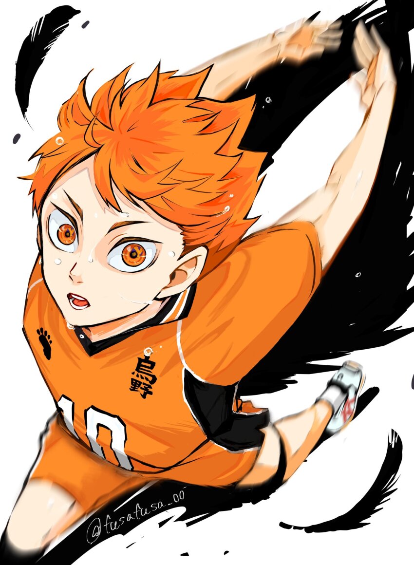 1boy arms_behind_back black_wings commentary_request dynamic_pose feathered_wings feathers fusafusa_oo haikyuu!! highres hinata_shouyou karasuno_volleyball_uniform looking_at_viewer male_focus open_mouth orange_eyes orange_hair orange_shirt outstretched_arms parted_bangs running shirt shoes short_hair short_sleeves shorts sneakers socks solo sportswear teeth twitter_username v-neck volleyball_uniform white_background white_socks wings