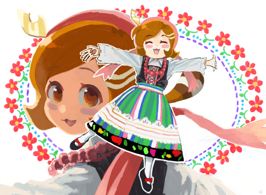 1girl ^_^ apocalypse_hotel bandana black_shoes black_vest blush_stickers brown_eyes brown_hair closed_eyes collared_shirt commentary cropped_shoulders dress flower full_body hair_ornament happy highres jewelry leaf_hair_ornament long_skirt looking_at_viewer looking_back montaro482436 multicolored_skirt multiple_necklaces multiple_views necklace official_alternate_costume open_mouth outstretched_arms pearl_necklace pink_bandana polish_clothes ponko_procione raccoon_girl raccoon_tail red_flower shirt shoes short_hair simple_background skirt smile spread_arms standing standing_on_one_leg striped_clothes striped_skirt tail tanuki thighhighs vertical-striped_clothes vertical-striped_skirt vest white_background white_shirt white_thighhighs