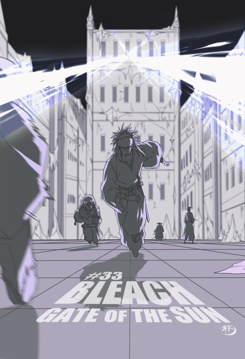 1girl 1other 3boys 7l6cup9yzr1xu7d abarai_renji bleach bleach:_sennen_kessen-hen blurry blurry_background commentary_request copyright_name english_text firing highres ise_nanao japanese_clothes kimono kyouraku_shunsui long_hair long_sleeves motion_blur multiple_boys night official_style outdoors perspective running sketch spiked_hair standing tile_floor tiles wide_sleeves yamada_hanatarou