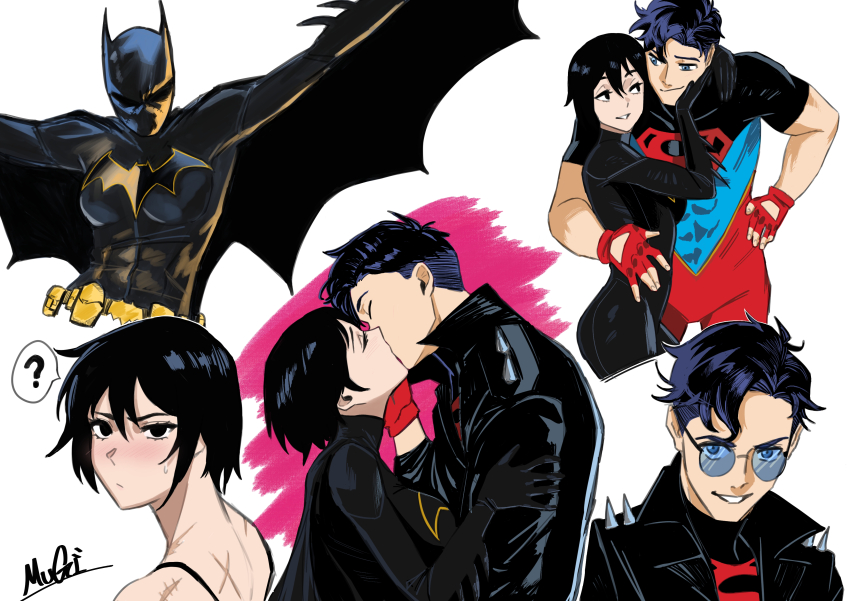 1boy 1girl ? abs absurdres batgirl batman_(series) belt black_bodysuit black_eyes black_hair blue_eyes bodysuit breasts cape cassandra_cain closed_eyes dc_comics fingerless_gloves gloves hetero highres jacket kiss kon-el leather leather_jacket medium_breasts mugi mugi_(mugit49) red_gloves scar short_hair signature simple_background speech_bubble spiked_jacket spoken_question_mark sunglasses superboy superhero_costume superman_(series) utility_belt white_background