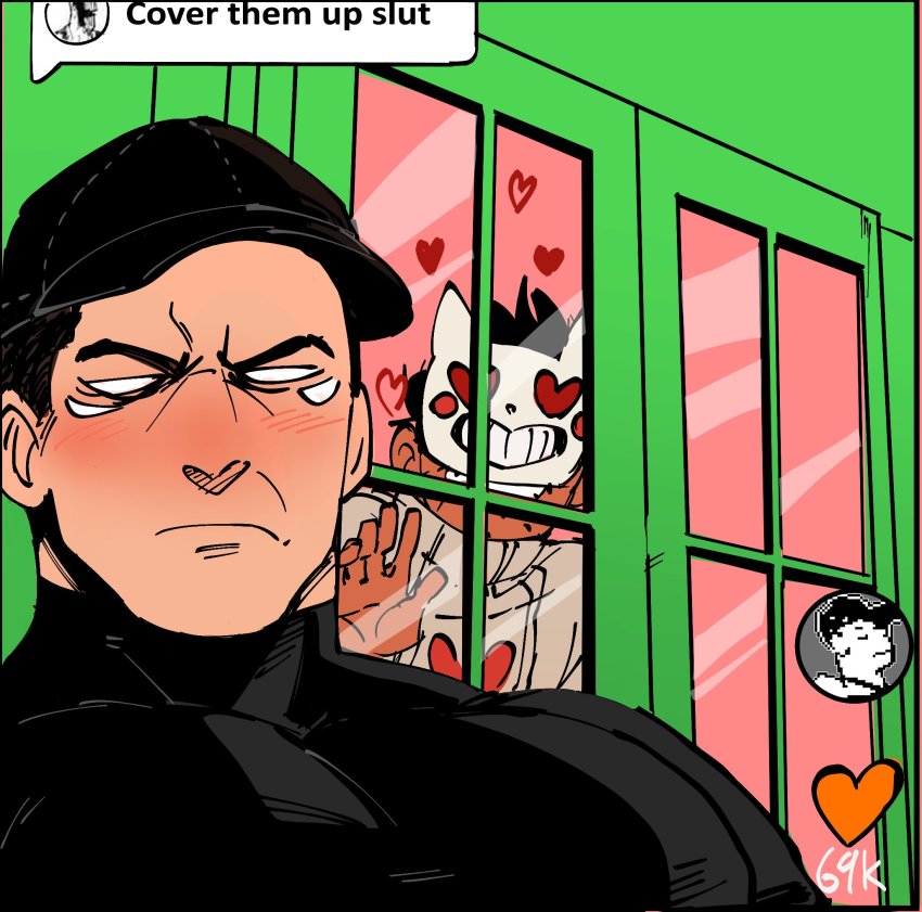 2boys bara baseball_cap blush cat_mask cover_them_up_slut_(meme) dialogue_box extra_eyes hat heart heart-shaped_pupils highres indoors large_pectorals looking_at_viewer male_focus mask matty_(radicallymaxton) meme multiple_boys muscular muscular_male no_pupils off_(game) pectorals short_hair symbol-shaped_pupils the_batter_(off) thick_eyebrows upper_body window yaoi zacharie_(off)
