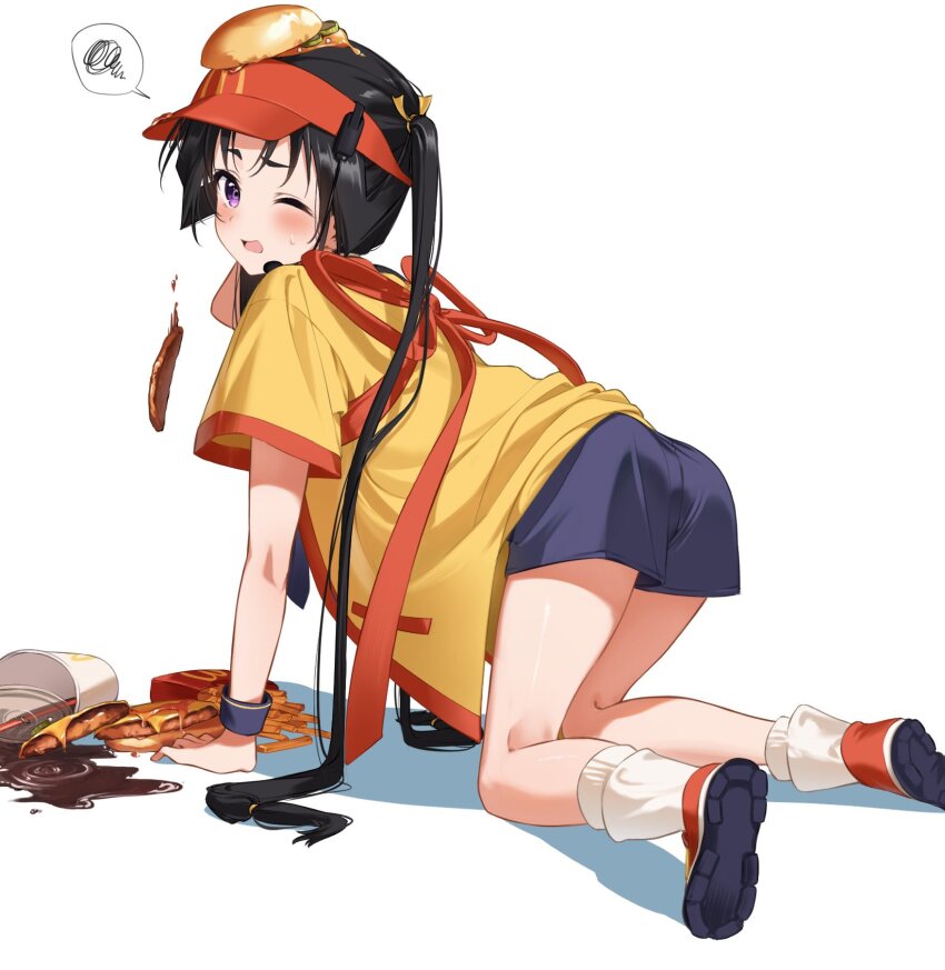 1boy accident agetapan_ll all_fours alternate_costume alternate_hairstyle ankle_socks arm_up loose_socks black_hair black_shorts blue_wrist_cuffs blush burger clumsy cola commentary contemporary cosplay cup curtained_hair disposable_cup dojikko drinking_straw employee_uniform fallen_down falling fast_food_uniform food food_on_head french_fries from_behind full_body highres hot_dog houjou_tokiyuki_(nige_jouzu_no_wakagimi) imadake_dabuchi_tabemi imadake_dabuchi_tabemi_(cosplay) long_hair looking_at_viewer looking_back low-tied_long_hair male_focus mcdonald&#039;s microphone motoyui nige_jouzu_no_wakagimi object_on_head one_eye_closed open_clothes open_mouth open_shirt ponytail purple_eyes raised_eyebrows red_footwear red_visor shadow shirt shoe_soles shorts simple_background socks solo spill spoken_squiggle squiggle sweatdrop tasuki twintails very_long_hair wavy_mouth white_background white_socks wrist_cuffs yellow_shirt