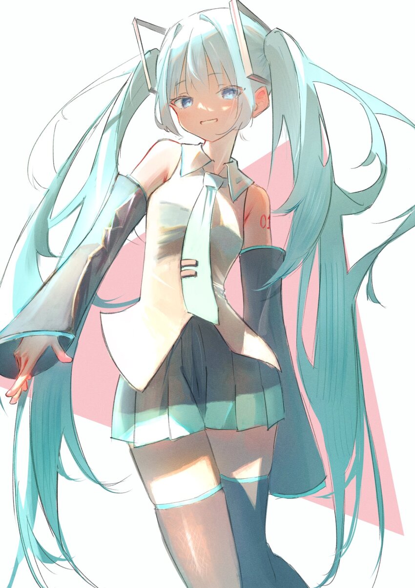 1girl aqua_hair aqua_necktie bare_shoulders black_boots black_skirt blue_eyes boots commentary detached_sleeves hashtag-only_commentary hatsune_miku highres kurukuru1202kr long_hair looking_at_viewer necktie number_tattoo pleated_skirt shirt shoulder_tattoo skirt sleeveless sleeveless_shirt smile solo tattoo thigh_boots twintails vocaloid