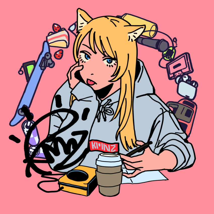 1girl airpods animal_ears blonde_hair blue_eyes boombox cake cake_slice can cassette_tape character_signature closed_mouth commentary_request cropped_torso cup disposable_coffee_cup disposable_cup dog_ears dog_girl drawstring drink_can food frown grey_hoodie hand_on_own_chin head_rest headphones headphones_removed holding holding_pen hood hood_down hoodie invisible_table ken_sogen kmnz lita_(kmnz) long_hair long_sleeves microphone paper pen pink_background simple_background skateboard solo tamagotchi tamagotchi_(virtual_pet) tied_drawstring tongue tongue_out upper_body virtual_pet_(toy) virtual_youtuber wireless_earphones