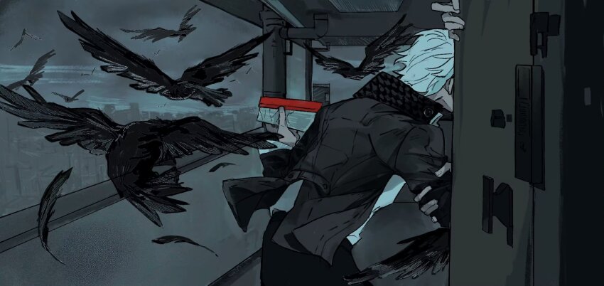 1boy 1other apartment bird black_jacket black_pants cloud cloudy_sky collared_jacket covered_face cowboy_shot crow dragging from_side grey_hair grey_sky grey_theme hallway hamusitas highres holding holding_another&#039;s_arm jacket leaning_forward male_focus narukami_yu open_clothes open_jacket pants persona persona_4 popped_collar school_uniform shirt short_hair sky solo_focus straight_hair white_shirt wind yasogami_school_uniform