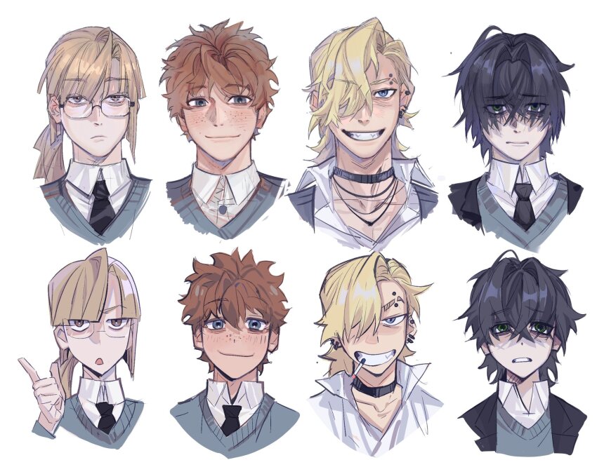 4boys black_hair black_necktie blonde_hair blue_eyes blue_sweater blush brown_eyes brown_hair closed_mouth collar collarbone collared_shirt degrees_of_lewdity ear_piercing eyebrow_piercing freckles frown glasses green_eyes hair_over_one_eye hanstrmoft highres jewelry kylar_(degrees_of_lewdity) kylar_(male)_(degrees_of_lewdity) long_hair looking_at_viewer multiple_boys necklace necktie piercing ponytail robin_(degrees_of_lewdity) robin_(male)_(degrees_of_lewdity) shirt short_hair simple_background smile sweater sydney_(degrees_of_lewdity) sydney_(male)_(degrees_of_lewdity) tan white_background white_shirt whitney_(degrees_of_lewdity) whitney_(male)_(degrees_of_lewdity)