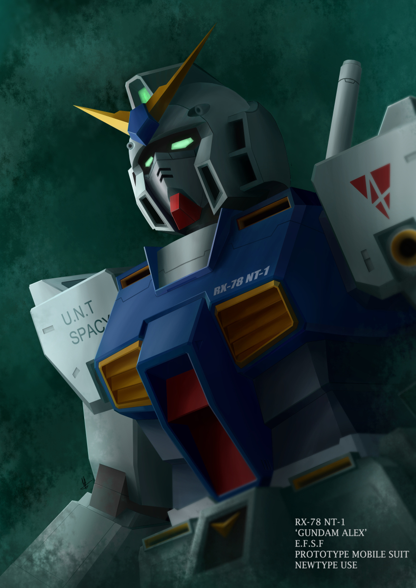absurdres character_name earth_federation_space_forces english_text glowing glowing_eyes green_eyes gun gundam gundam_0080 gundam_alex highres machine_gun machinery mecha mecha_focus mobile_suit no_humans portrait robot science_fiction upper_body weapon
