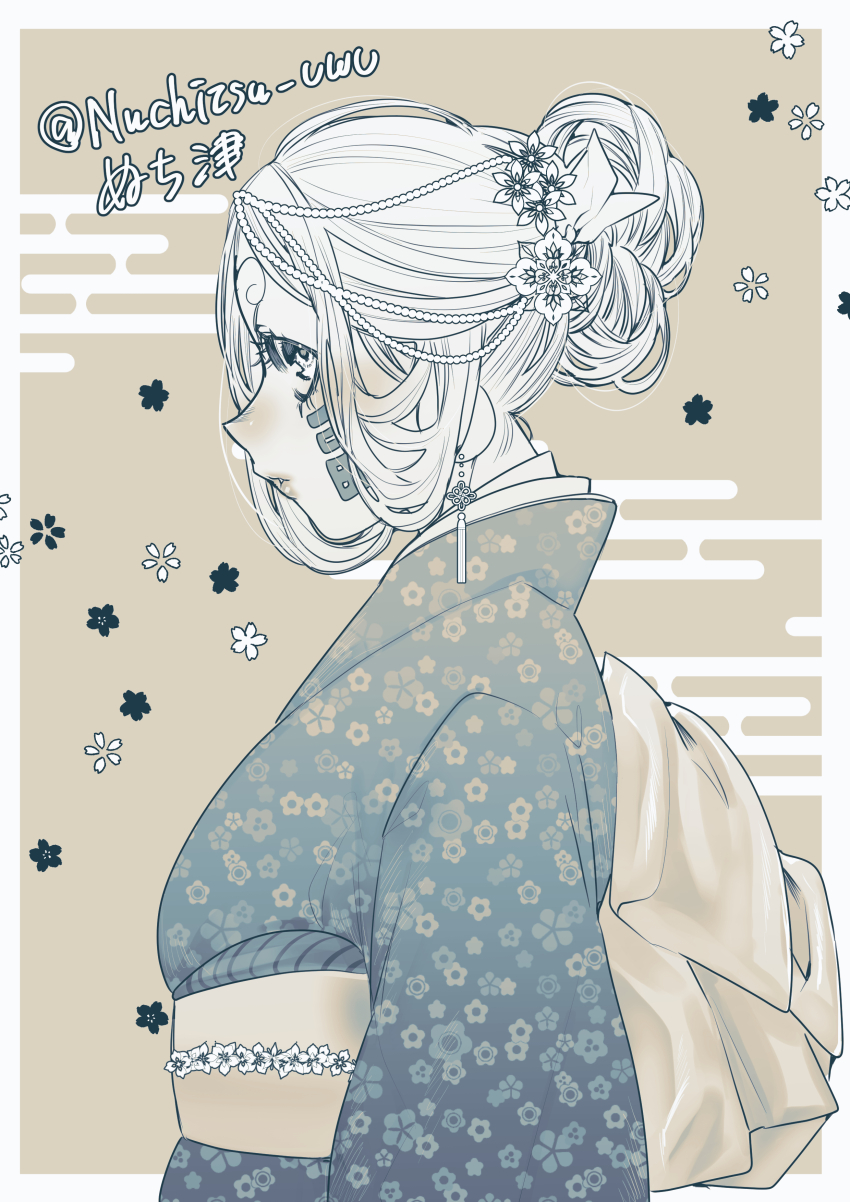 1boy absurdres back_bow bead_hairband beads bow bright_pupils cheek_tattoo crossdressing crossdressing_(mtf) earrings facial_mark facial_tattoo floral_print floral_print_kimono flower from_side hair_flower hair_ornament highres japanese_clothes jewelry kimono long_hair long_sleeves looking_at_viewer looking_to_the_side male_focus nanako_nuchitsu obi parted_lips piercing print_kimono sash shuumatsu_no_valkyrie sideways_glance solo tassel tassel_earrings tattoo traps twitter_username upper_body zerofuku_(shuumatsu_no_valkyrie)