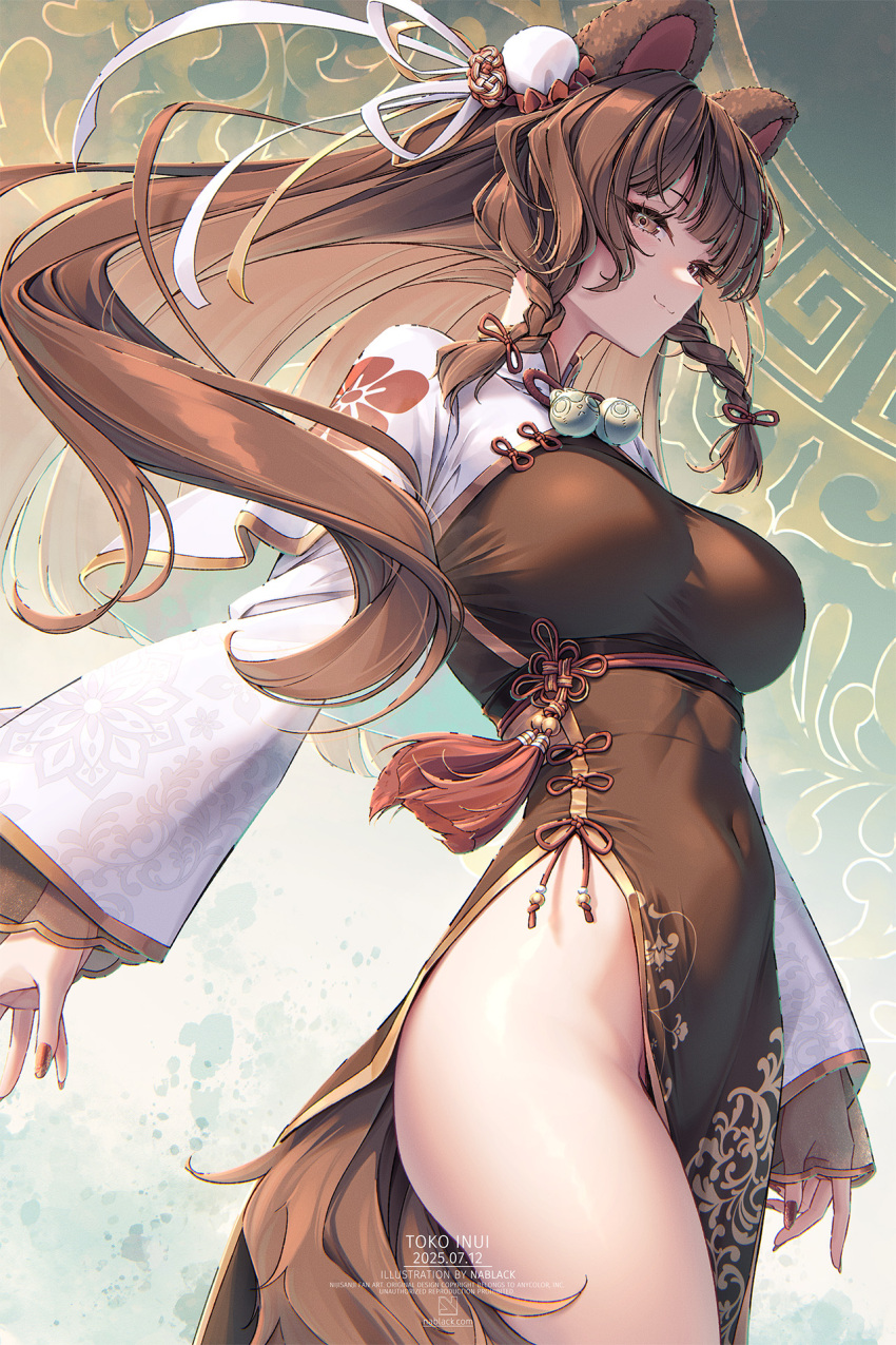 1girl alternate_costume animal_ears banken_(inui_toko) bare_legs braid breasts brown_dress brown_hair brown_nails bun_cover capelet china_dress chinese_clothes chinese_knot covered_navel cowboy_shot dog_ears dog_girl dog_tail dress floating_hair hair_bun hair_ribbon heterochromia highres inui_toko kuro-kun_(nablack) large_breasts long_hair looking_at_viewer low_twin_braids nijisanji red_eyes ribbon side_slit single_hair_bun solo standing tail tassel thighs twin_braids underbust very_long_hair virtual_youtuber white_capelet white_ribbon white_sleeves wide_sleeves yellow_eyes