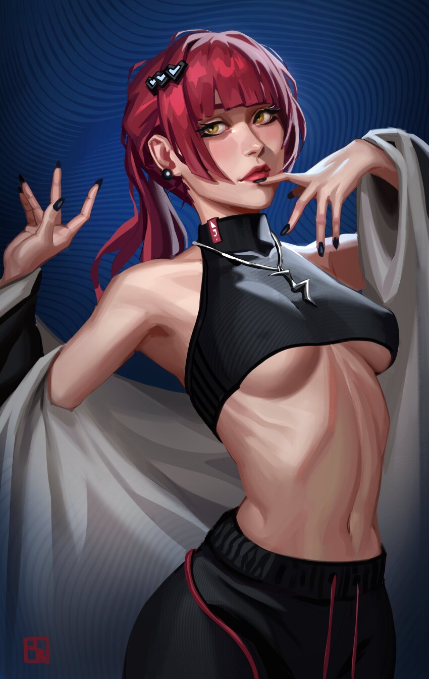 1girl absurdres bare_shoulders black_nails black_pants black_shirt blunt_bangs breasts closed_mouth commentary commission crop_top cropped_shirt earrings english_commentary hair_ornament hands_up heart heart_hair_ornament highres jewelry justb1aze long_hair medium_breasts navel original pants pendant ponytail red_hair reduvia_novalighter_(reduvian) ribs shirt sleeveless sleeveless_shirt sleeveless_turtleneck solo stomach turtleneck turtleneck_shirt underboob yellow_eyes