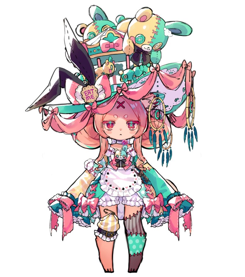 1girl :&lt; a-pose absurdres akubimtcat alice&#039;s_adventures_in_wonderland animal_ears animal_feet apron aqua_pupils arms_at_sides asymmetrical_legwear blush_stickers bow brooch carousel cat_ears choker collar cross-laced_clothes cross-laced_dress dot_nose double_bun dreamcatcher dress dress_bow eat_me facial_mark facing_viewer forehead forehead_mark frilled_collar frills full_body green_dress hair_bun half-closed_eyes halftone hat hat_bow high-low_dress high-low_skirt highres hikimayu jewelry lace-trimmed_collar lace_trim large_hat layered_sleeves legs_apart long_sleeves mismatched_pupils object_on_head original oversized_hat parted_hair pigeon-toed pink_bow pink_hair puffy_shorts red_eyes short_dress short_shorts shorts sleeves_past_wrists solo standing stitched_leg stitches straight-on stuffed_animal stuffed_rabbit stuffed_toy teddy_bear too_many_bows uneven_legwear waist_apron white_background white_choker white_shorts wrist_bow x x_facial_mark