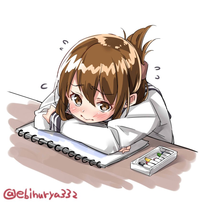 1girl brown_eyes brown_hair ebifurya female_focus flying_sweatdrops folded_ponytail hair_ornament hairclip highres inazuma_(kancolle) kantai_collection long_hair pastels school_uniform serafuku simple_background sketchbook solo twitter_username white_background