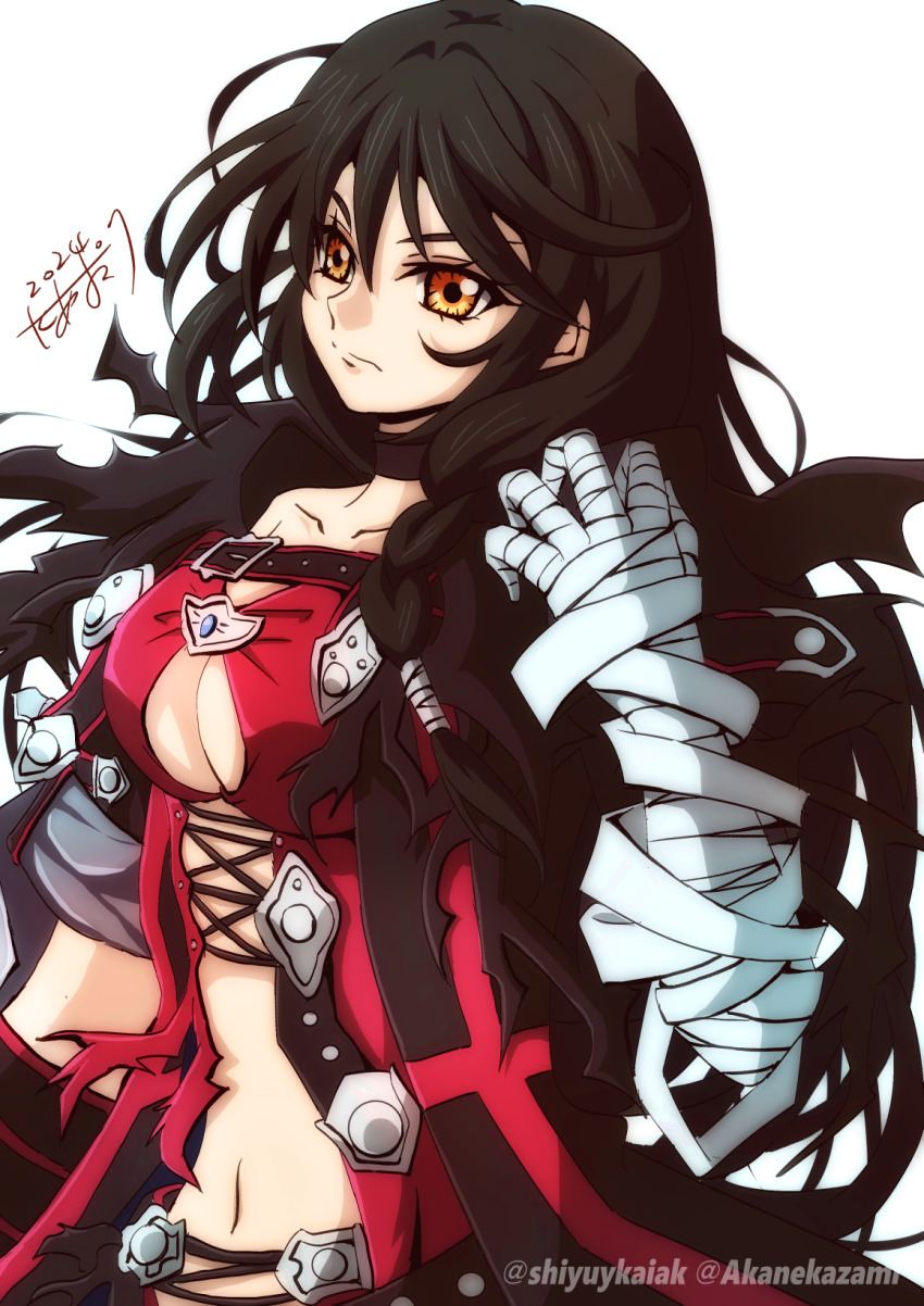 1girl akane_kazami artist_name bandaged_arm bandages belt black_choker black_hair breasts choker cleavage collarbone dated highres long_hair medium_breasts navel sarashi signature solo tales_of_(series) tales_of_berseria twitter_username velvet_crowe watermark white_background yellow_eyes