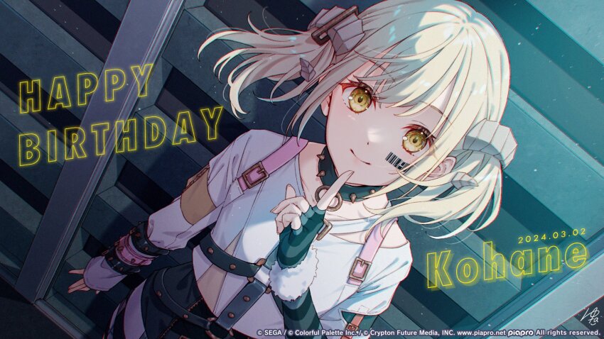 1girl azusawa_kohane barcode black_gloves blonde_hair character_name closed_mouth clothing_cutout collar commentary_request copyright_notice dated fingerless_gloves gloves guest_art happy_birthday highres looking_at_viewer official_art project_sekai second-party_source shirt smile solo spiked_collar spikes striped_clothes striped_gloves tadano_yukiko twintails white_shirt