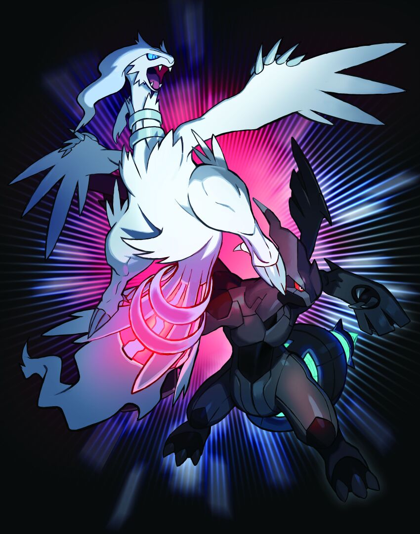 absurdres animal_focus artist_request black_background blue_eyes blue_sclera claws closed_mouth colored_sclera commentary dark_background dragon english_commentary fangs gen_5_pokemon glowing_tail highres legendary_pokemon nintendo no_humans official_art open_mouth pokemon pokemon_(creature) pokemon_focus red_sclera reshiram white_eyes white_fur wings zekrom
