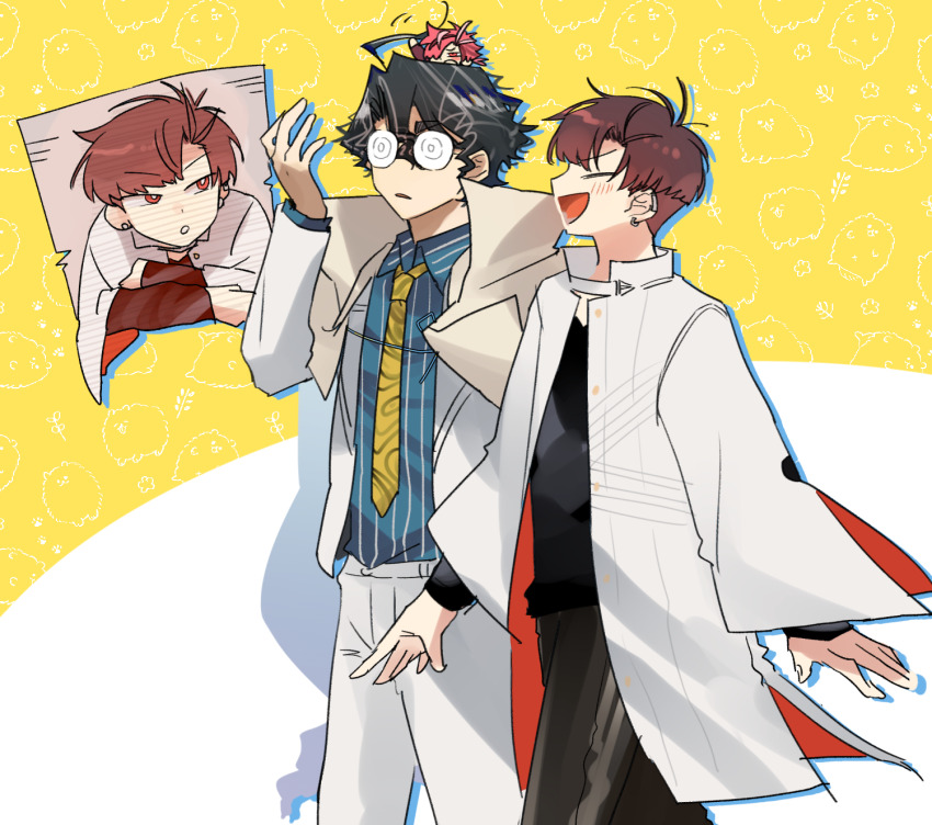3boys :d ^_^ ahoge black_hair black_pants black_shirt blue_shirt blush closed_eyes coat coat_on_shoulders coke-bottle_glasses collared_shirt commentary_request cowboy_shot earclip earrings fate/grand_order fate_(series) glasses grey_hair hair_between_eyes hand_up highres jacket jewelry long_sleeves male_focus mini_person miniboy multicolored_hair multiple_boys necktie on_head open_clothes open_coat open_jacket open_mouth pants parted_bangs parted_lips print_necktie red_eyes red_hair round_eyewear shirt shirt_tucked_in short_hair simple_background smile standing streaked_hair striped_clothes striped_shirt takasugi_shinsaku_(fate) takasugi_shinsaku_(first_ascension)_(fate) two-sided_coat two-sided_fabric vertical-striped_clothes vertical-striped_shirt white_background white_coat white_jacket white_pants wide_sleeves wing_collar yellow_background yellow_necktie yoshida_shouin_(fate) yuu_(areruya)