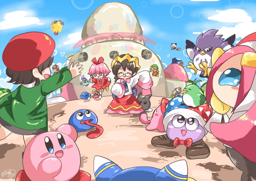 6+boys 6+girls adeleine akiaki_popee bad_id bad_pixiv_id beret black_hair blue_eyes blue_sky blush_stickers bow bowtie castle chuchu_(kirby) closed_eyes cloud commentary_request coo_(kirby) crown daroach day fairy fairy_wings fang flamberge_(kirby) francisca_(kirby) glasses gooey_(kirby) hair_ribbon halo hat heart hidden_eyes highres hyness jester_cap keke_(kirby) kirby kirby:_planet_robobot kirby_(series) lalala_(kirby) lens_flare heavy_lens_flare lololo_(kirby) long_hair long_sleeves magolor marx_(kirby) meta_knight multiple_boys multiple_girls nintendo no_arms open_mouth pink_hair pitch_(kirby) purple_eyes queen_sectonia rayman_limbs red_bow red_neckwear red_ribbon ribbon ribbon_(kirby) ripple_star_queen short_hair signature sky smile susie_(kirby) taranza tongue tongue_out very_long_sleeves warp_star watermark waving wide_sleeves wings zan_partizanne zero_two_(kirby)