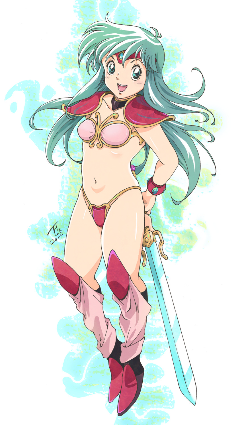 1girl armor arms_behind_back ayanokouji_rem bikini bikini_armor boots bracer breasts dream_hunter_rem full_body green_eyes green_hair highres kneehighs kujira_gunsou long_hair navel open_mouth pauldrons pink_bikini pink_socks red_bikini red_boots shoulder_armor small_breasts smile socks solo stomach swimsuit sword thighs tiara weapon
