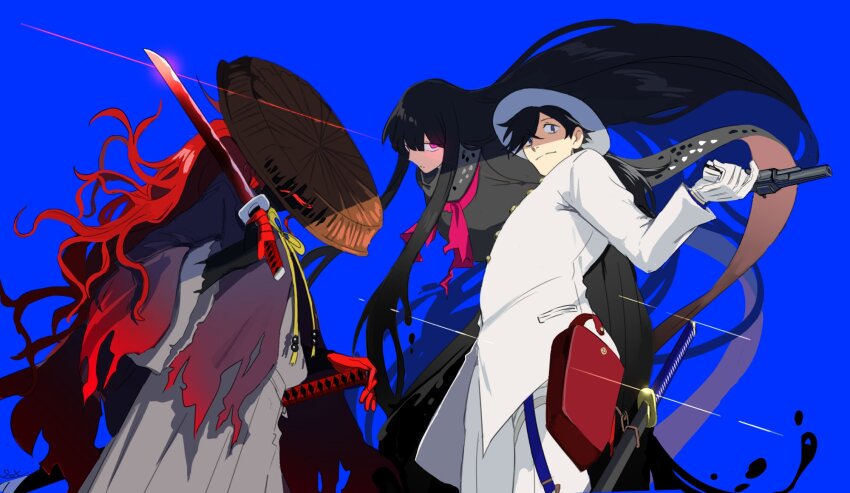 1girl 2boys black_cloak black_hair black_scarf black_serafuku blue_background blue_eyes blunt_bangs bridal_gauntlets cloak cowboy_shot fate/grand_order fate_(series) floating from_below glint gloves gradient_clothes grey_hakama grey_kimono gun hair_over_one_eye hakama handgun hat highres holding holding_gun holding_sword holding_weapon holster jacket japanese_clothes katana kimono long_hair looking_at_viewer low_ponytail multiple_boys neckerchief okada_izou_(fate) okada_izou_(second_ascension)_(fate) oryou_(fate) over_shoulder pants pink_eyes pink_neckerchief pirohi_(pirohi214) ponytail red_eyes red_gloves red_hair sakamoto_ryouma_(fate) sandogasa scarf school_uniform serafuku serious sheath sheathed simple_background smile sword torn_cloak torn_clothes torn_hat wavy_hair weapon weapon_over_shoulder white_gloves white_headwear white_jacket white_pants
