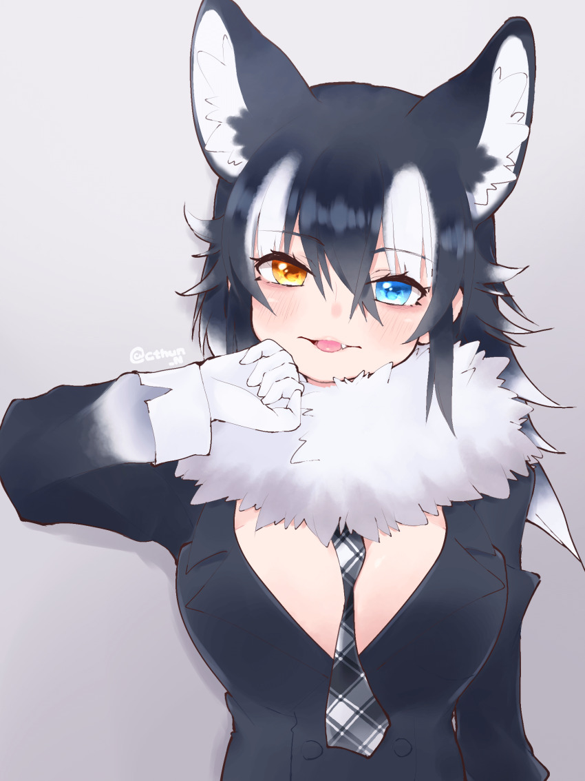1girl absurdres animal_ears black_hair blazer blue_eyes breasts cthun_n extra_ears fang gloves grey_background grey_wolf_(kemono_friends) heterochromia highres jacket kemono_friends large_breasts long_hair looking_at_viewer multicolored_hair necktie scarf simple_background solo two-tone_hair white_hair wolf_ears wolf_girl yellow_eyes