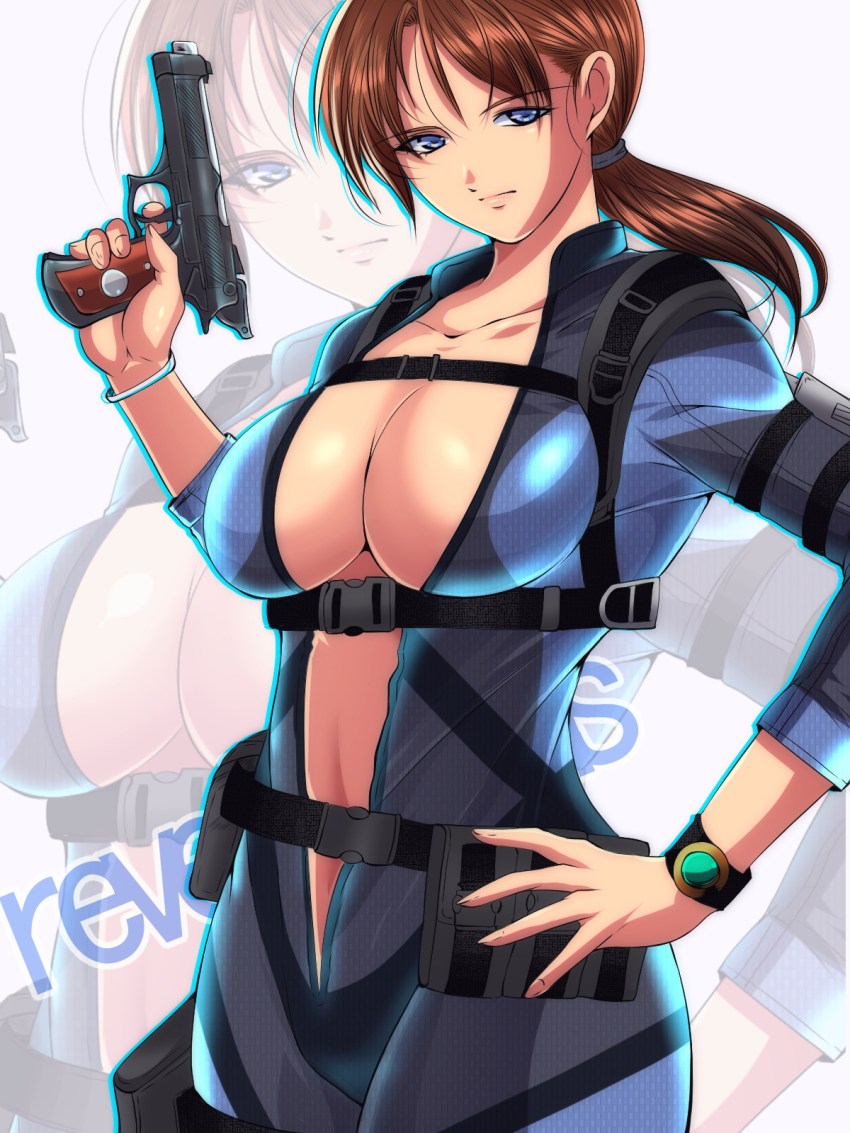 1girl blue_eyes bodysuit breasts brown_hair cleavage diving_suit full-length_zipper gun hand_on_own_hip handgun highres holding holding_gun holding_weapon jill_valentine large_breasts long_hair looking_at_viewer low_ponytail ponytail resident_evil resident_evil:_revelations ri~hu unzipped weapon wetsuit zipper