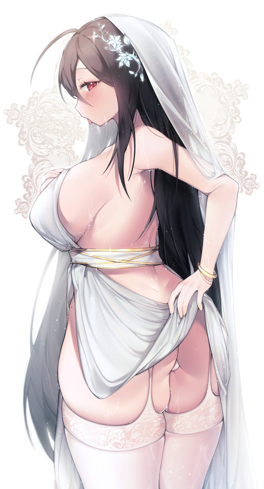 1girl absurdres ahoge ass back bare_shoulders black_hair bracelet breasts bride clothes_lift dress dress_lift female_focus hair_flower from_behind garter_straps hair_ornament highres huge_breasts jewelry large_breasts long_hair panties profile red_eyes revealing_clothes sen_light sideboob simple_background skindentation solo standing sweat sweatdrop nervous_sweating tagme thick_thighs thighhighs thighs tongue tongue_out underwear very_long_hair wedding_dress wet white_background white_dress white_legwear white_panties white_thighhighs