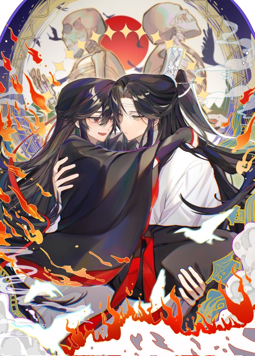 2boys bird bishounen black_hair black_hanfu carrying chinese_clothes chinese_commentary closed_mouth couple fire gufuguier hair_down hair_ribbon half_updo hanfu headband highres hug lan_wangji long_hair long_sleeves looking_at_another male_focus modao_zushi multiple_boys official_alternate_hairstyle open_mouth ponytail princess_carry red_eyes red_ribbon red_sash ribbon robe sash sidelocks skeleton skull smile smoke sun upper_body vambraces wei_wuxian wei_wuxian_(yiling_laozu) white_bird white_hanfu white_headband wide_sleeves xiao_guan_(headdress) yaoi yellow_eyes