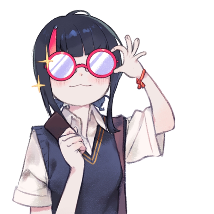 1girl black_hair blue_vest daisi_gi fate/grand_order fate_(series) glasses highres medium_hair multicolored_hair pink_hair round_eyewear shirt short_sleeves sidelocks solo streaked_hair utsumi_erice utsumi_erice_(over_the_same_sky) vest white_shirt