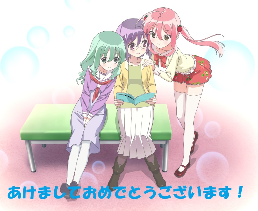 3girls ahoge blush breasts commentary_request food-themed_hair_ornament glasses green_eyes green_hair hair_ornament highres holding ichinose_futaba kohana_rin long_hair moesaki_ichigo multiple_girls official_art open_mouth pink_hair purple_eyes purple_hair school_uniform script serafuku short_hair sitting skirt smile sore_ga_seiyuu! strawberry_hair_ornament twintails yellow_eyes