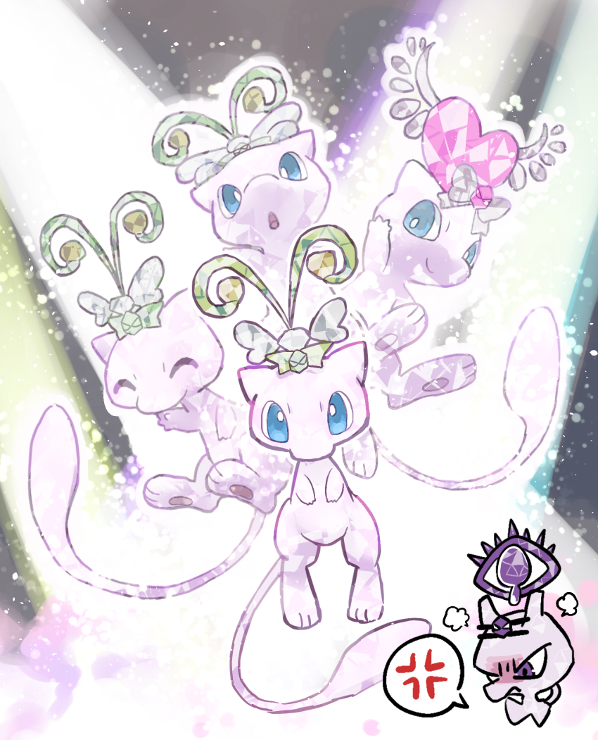 anger_vein blue_eyes bright_pupils closed_eyes closed_mouth floating gen_1_pokemon highres legendary_pokemon mew_(pokemon) mewtwo mythical_pokemon nintendo no_humans open_mouth pokemon pokemon_(creature) purple_eyes smile tail terastallization toneko white_pupils