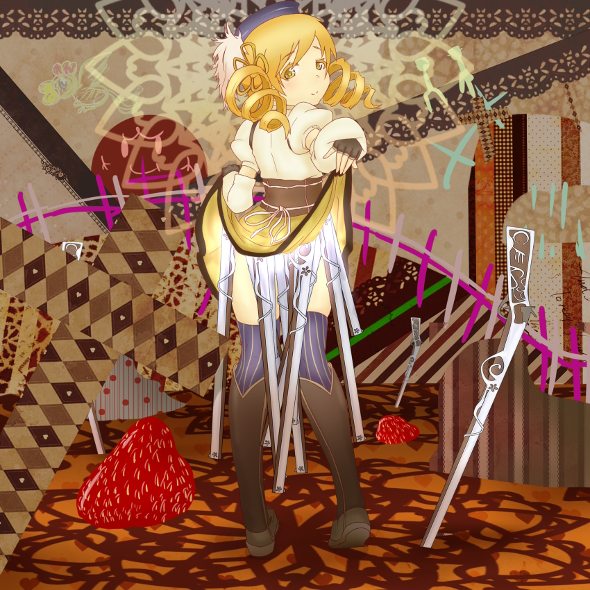 1girl bakemonogatari beret bird blonde_hair boots brown_thighhighs chicken clothes_lift colored_eyelashes corset creator_connection detached_sleeves drill_hair eyelashes female_focus fingerless_gloves food from_behind fruit gloves gun hair_ornament hairpin hat highres hisa_tsuki lifting_own_clothes looking_back magical_girl magical_musket mahou_shoujo_madoka_magica mahou_shoujo_madoka_magica_(anime) monogatari_(series) parody puffy_sleeves ribbon rifle senjougahara_pose shaft_(company) shirt skirt skirt_lift smile solo standing strawberry striped_clothes striped_thighhighs taut_clothes taut_shirt thighhighs tomoe_mami tomoe_mami_(magical_girl) twin_drills twintails vertical-striped_clothes vertical-striped_thighhighs weapon witch&#039;s_labyrinth yellow_eyes zettai_ryouiki